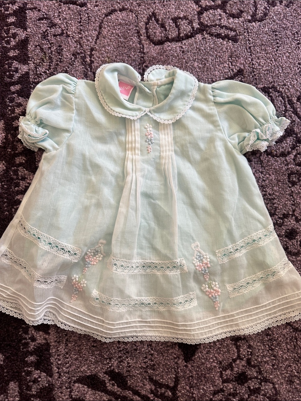 Vintage Peter Pan Collar Girls' Top in Light Mint embroidered lace size 6 months